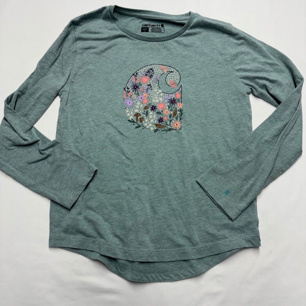 Carhartt Girls Long Sleeve Floral Logo Graphic Tee Sage Green Size S 8